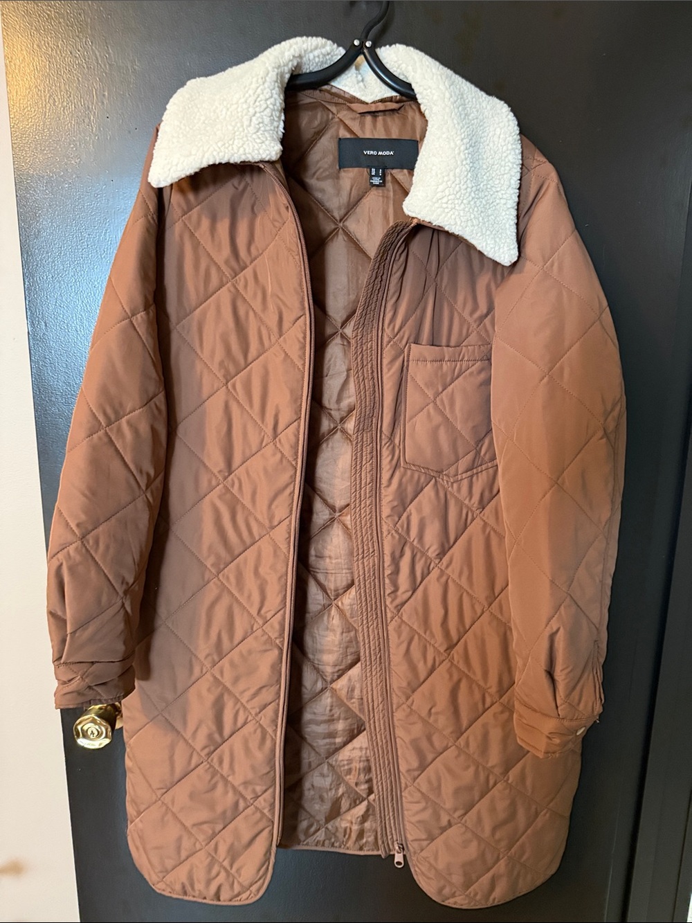 Vero Moda Quilted Brown Puffer Coat with Cream Sherpa Collar